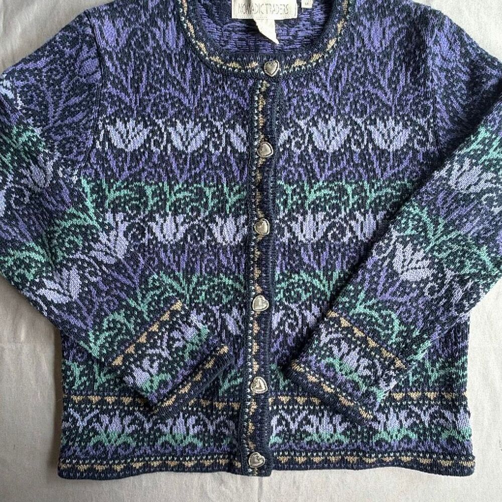 Nomadic Traders Green Purple Knit Cardigan Heart Metal Buttons Medium